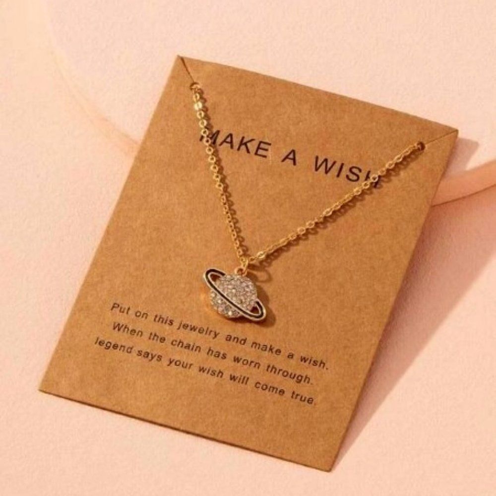 GOLD PLATED DIAMOND SATURN UNISEX PENDANT NECKLACE WITH INSPIRATIONAL CARD